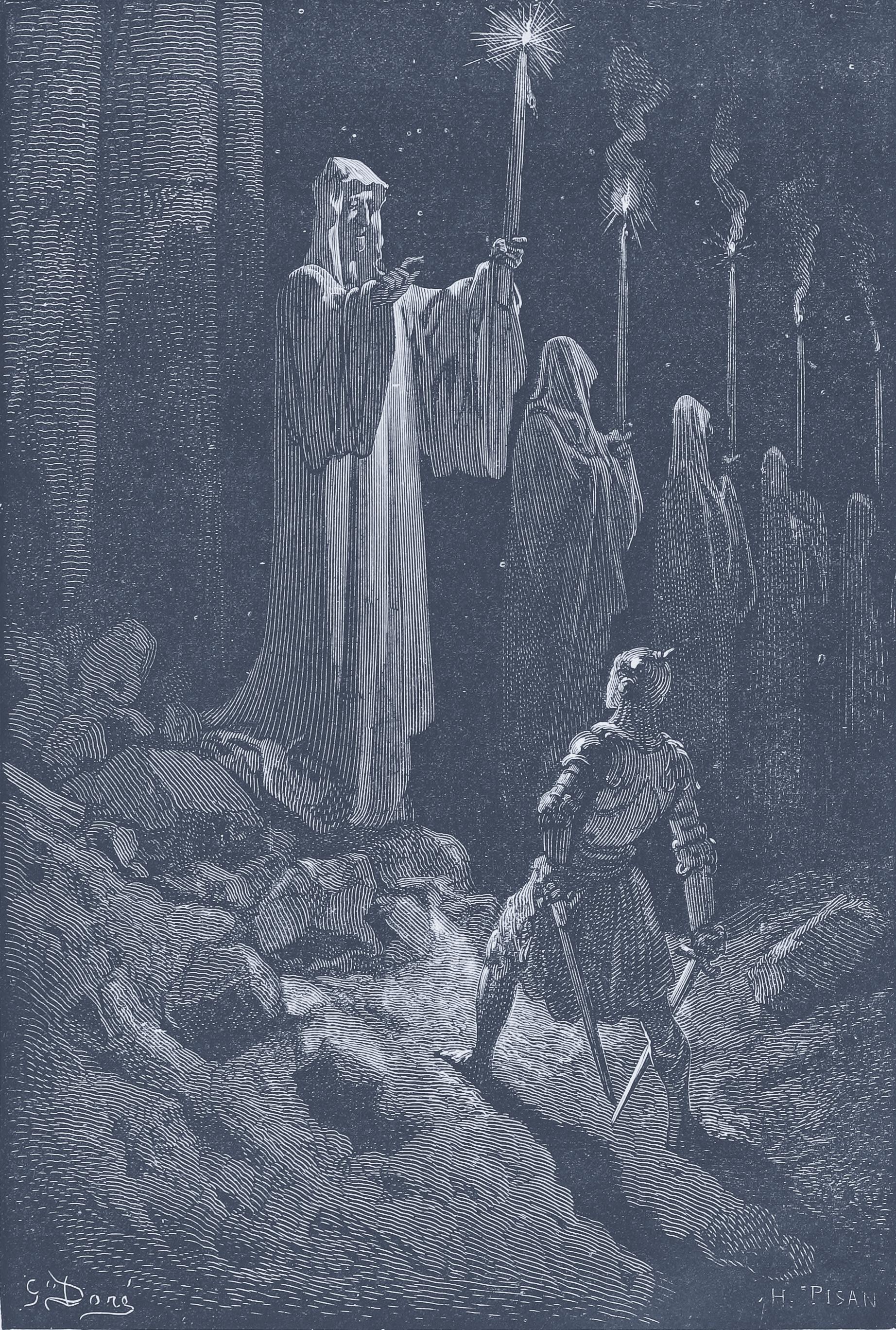 Gustave Doré engraving of corpse candles — faint lights marking where things still linger